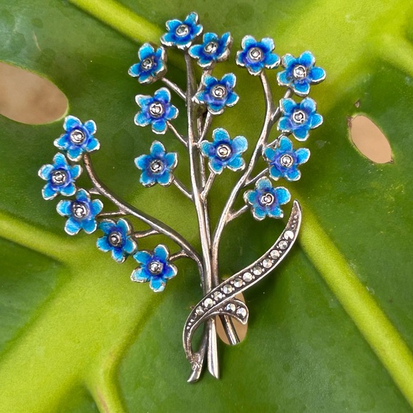 Vintage 1930s Germany Sterling Silver Enamel Marcasite Flower Bouquet Brooch pin